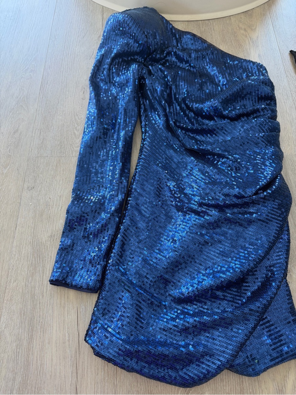 NBD Blue Sequin One Shoulder Mini Dress XS | Long Sleeve Ruched Party Dress